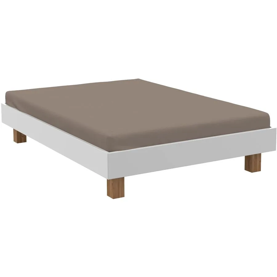 Modular Bett Smart Weiss, Natur Holzwerkstoff, Wildeiche Massivholz 140 x 200 cm