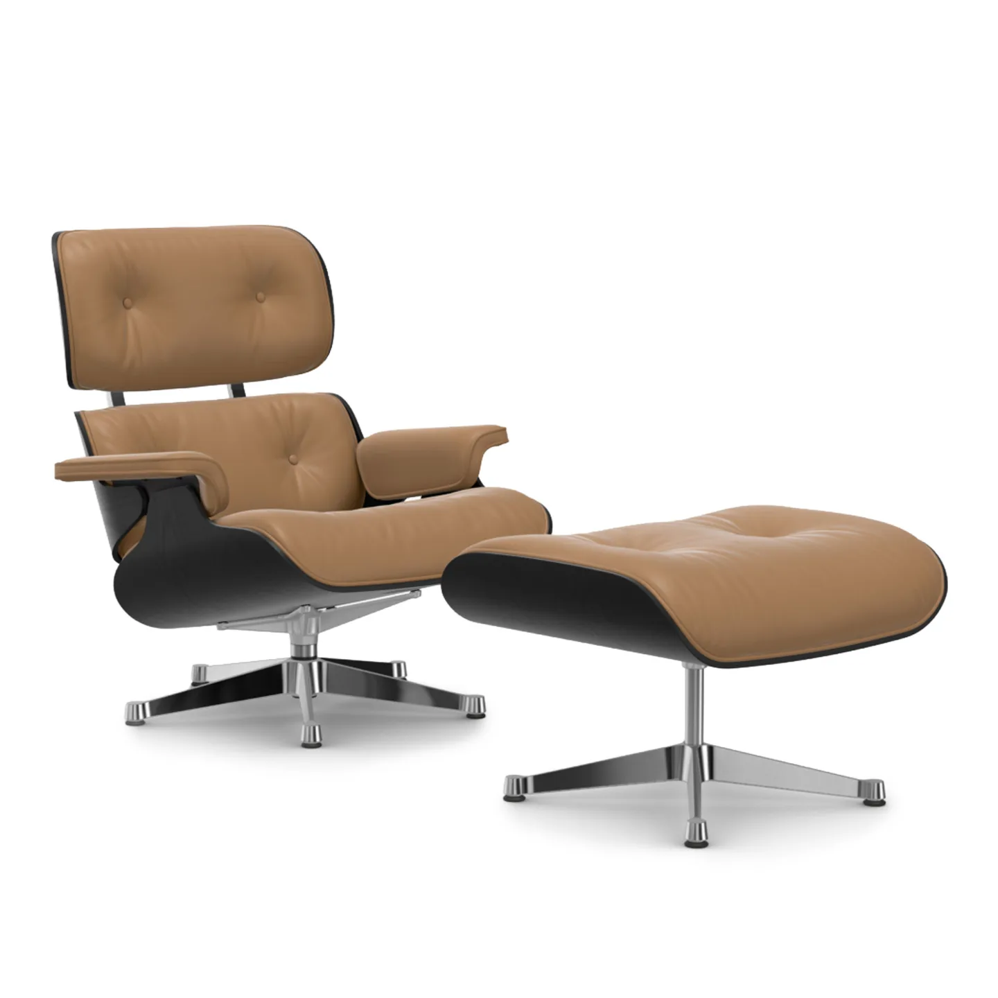 Vitra - Eames Lounge Set Black Chestnut Leather Natural Caramel 01 Polished Aluminium - Fåtöljer - Charles & Ray Eames - Brun