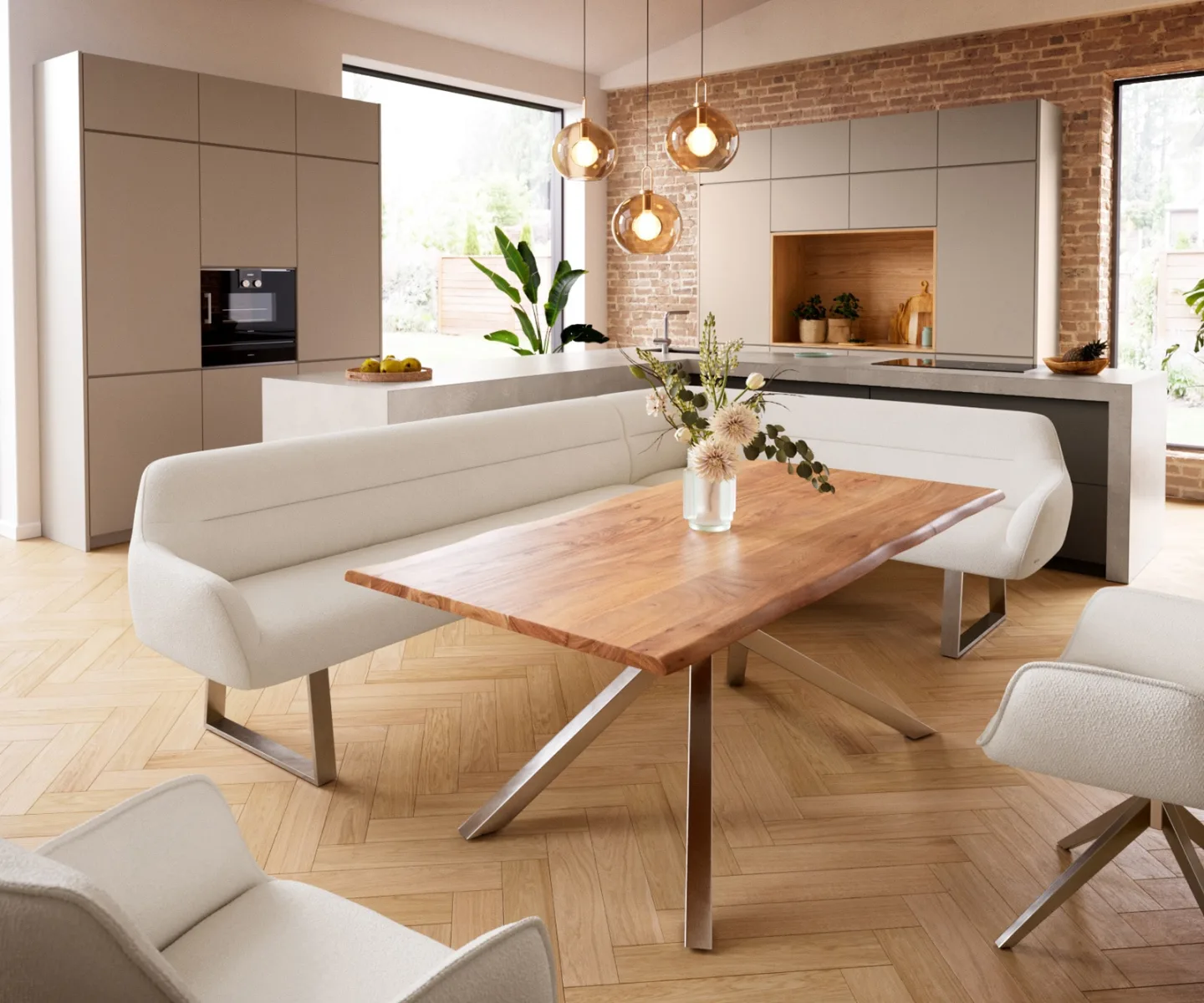 Esszimmerbank Taya-Flex 285x190 cm Bouclé Creme-Weiß Kufengestell kantig Edelstahl Taschenfederkern Rechts