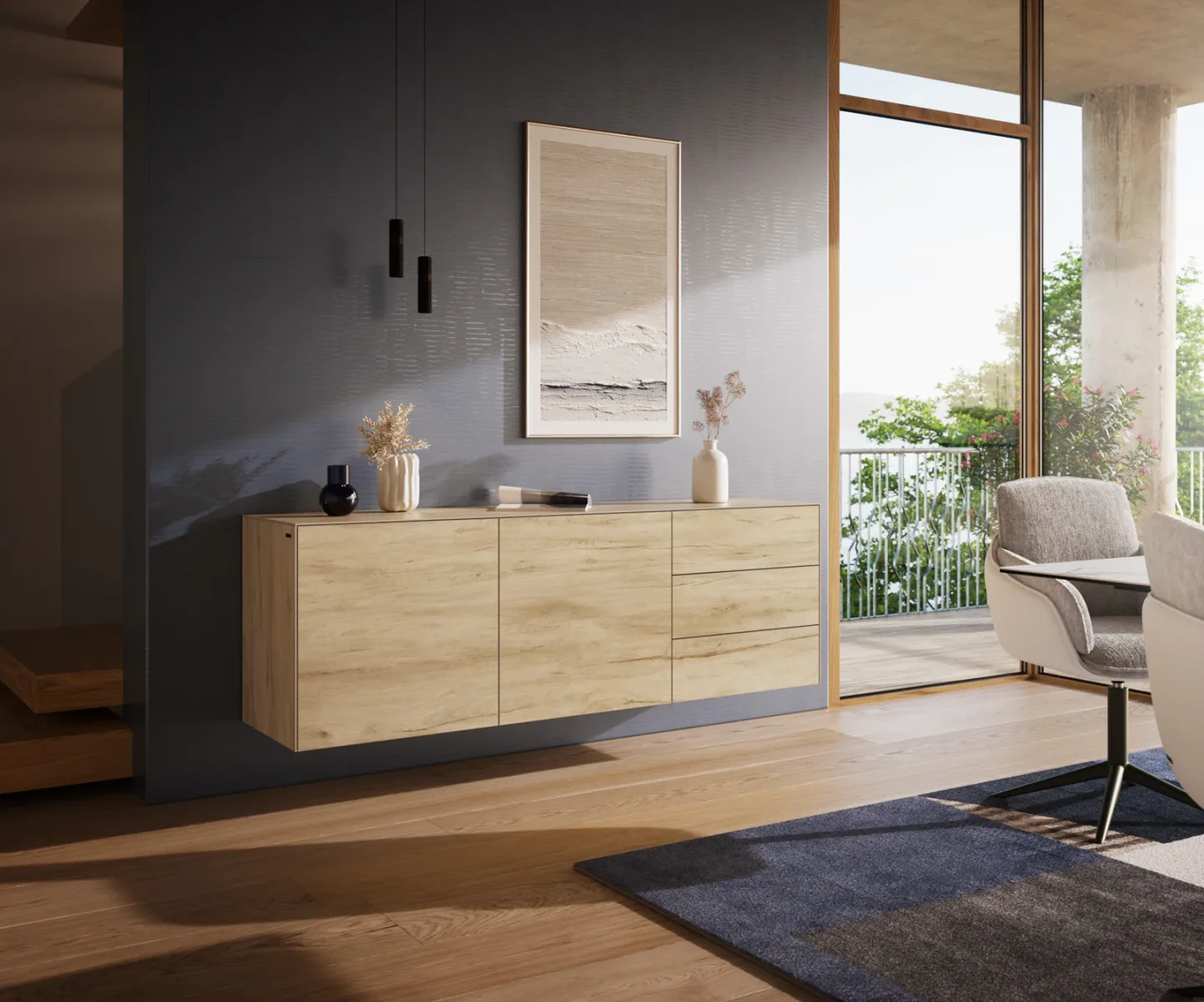 Sideboard Cuor 180 cm Keramik Laminam® Sabbia Eichefarbig 2 Türen 3 Schubfächer Schwebend