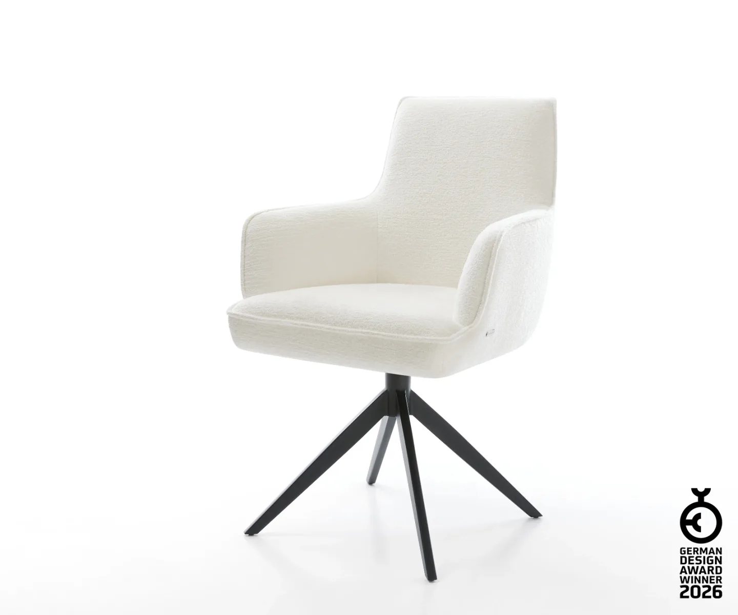 Drehstuhl Heira-Flex mit Armlehnen Bouclé Soft Beige Kreuzgestell breit Schwarz 360° drehbar Wippfunktion Taschenfederkern