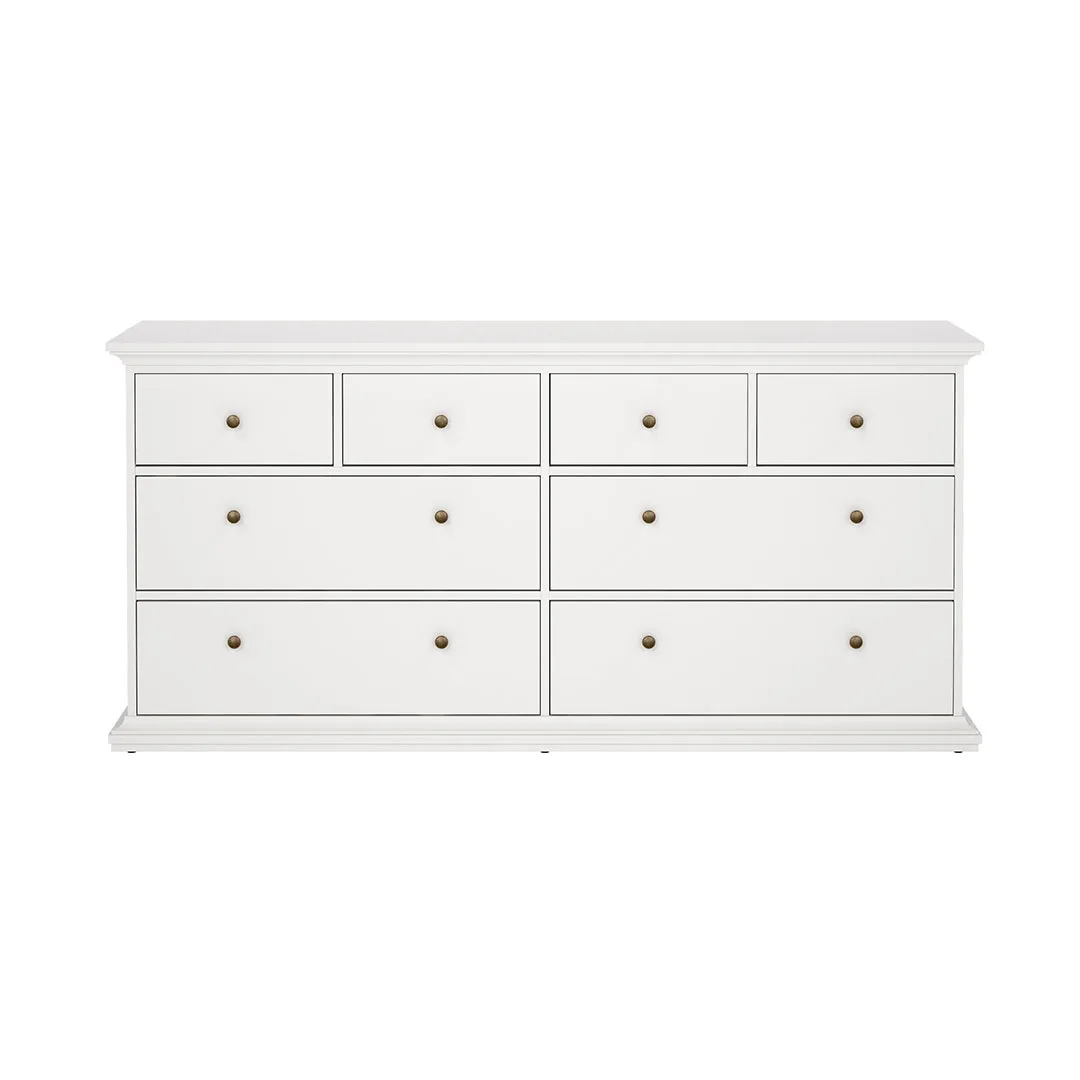 Venedig Kommode mit 4 grossen Schubladen und 4 kleinen Schubladen, Breite 183 cm, Höhe 86 cm weiss.