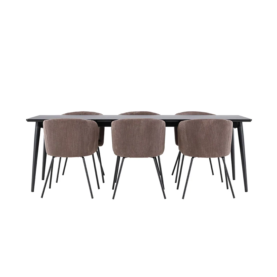 Ellis Essgruppe Tisch 85x230cm und 6 Velours Stühle mit Armlehnen schwarz.