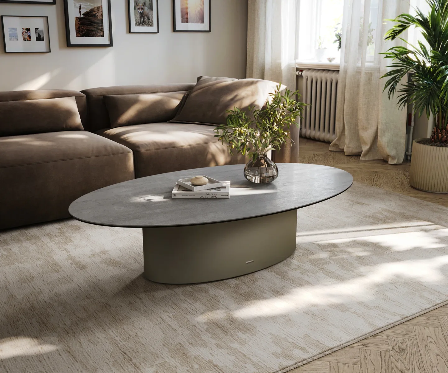 Couchtisch Edge Oval 140x80 cm Keramik Beton Grau Casilda Effektfinish Titan
