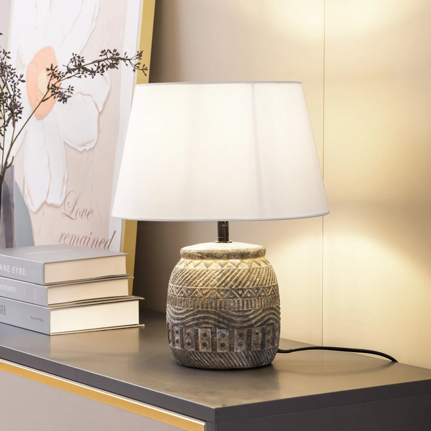 Aelith Bordslampa Ø30 White/Grey - Lindby - Vardagsrum - Lantlig / rustik - Tyg / textil - Med en ljuskälla