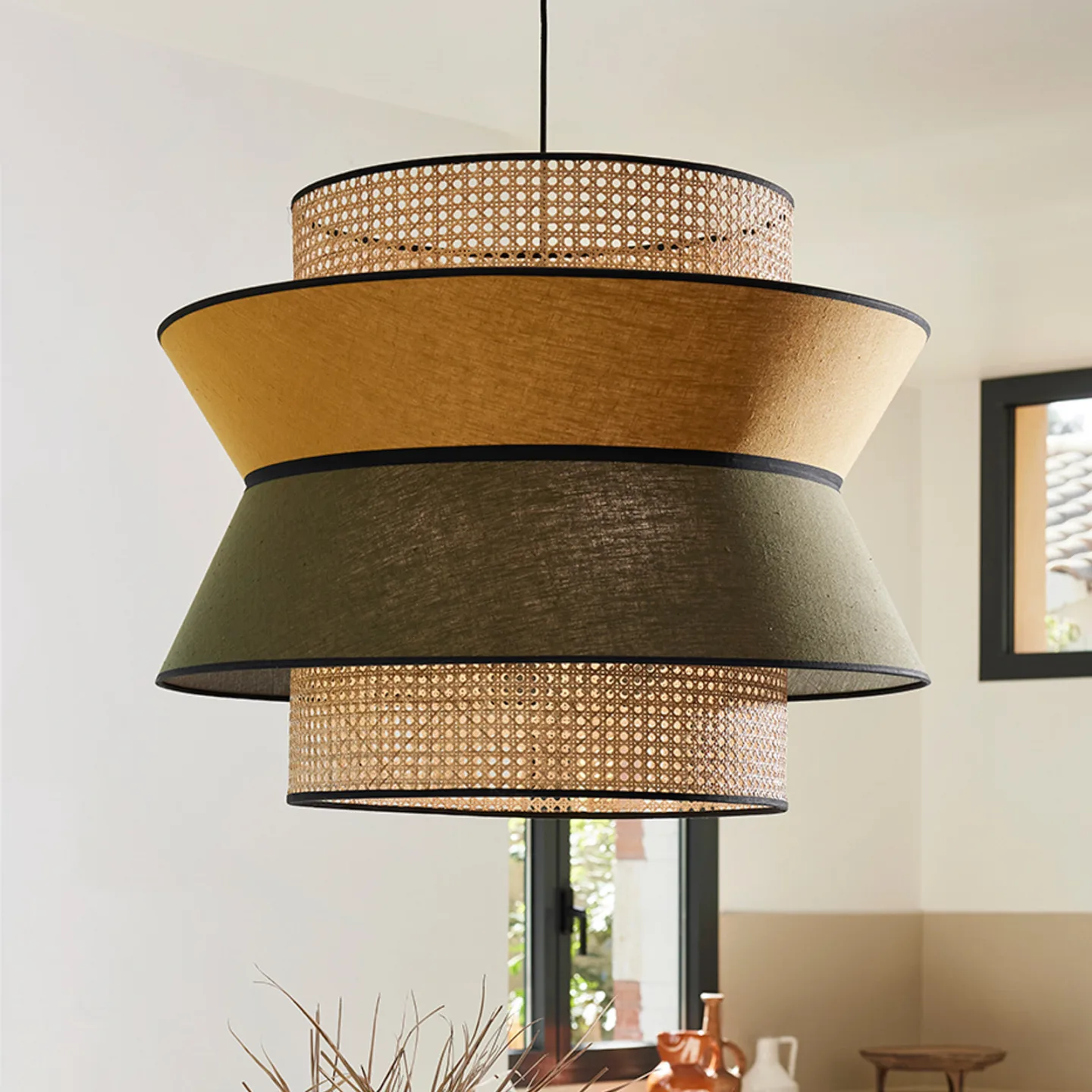 Singapour XXL Hängeleuchte khaki/curry - MARKET SET - Wohnzimmer - Design - Stoff / Textil - Einflammig