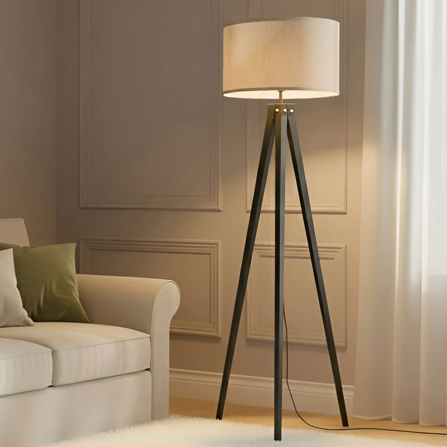 Lindby Stehleuchte Herry, schwarz, Holz, Dreibein, 153 cm - Wohnzimmer - Skandinavisch - Stoff / Textil - Mit Schirm