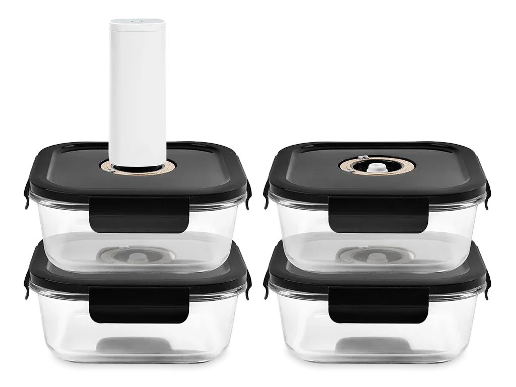QUADRATISCHER VACUUM-GLASBEHÄLTER – 1230ML – SET – 4TLG