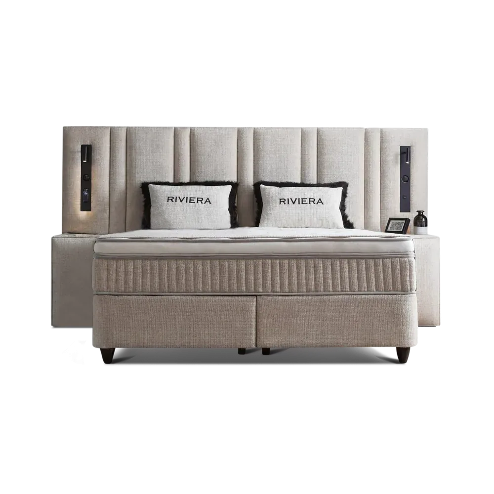 Premium Boxspringbett 160×200 komplett mit Matratze, Topper & Bettkasten, Webstoff Beige, Riviera
