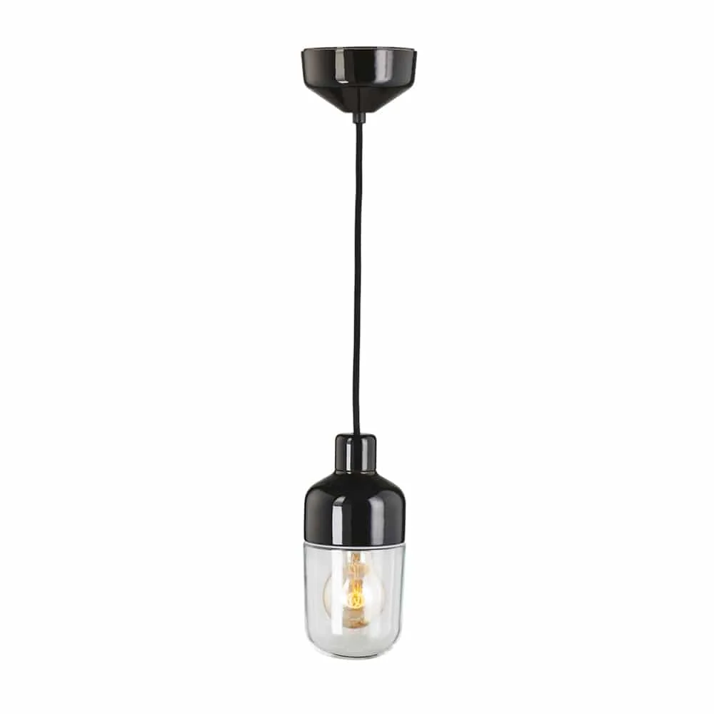 Ohm Pendel 100/215 mm klar Svart sockel 2m Svart textilkabel IP44 E27 40W takkopp