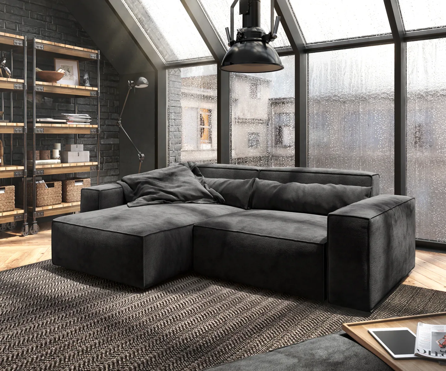 Ecksofa Sirpio 230x155 cm Mikrofaser Schwarz Recamiere variabel mit Hocker