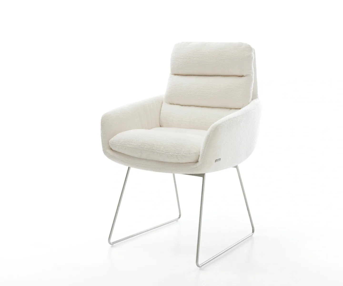 Esszimmerstuhl Abelia-Flex mit Armlehnen Bouclé Soft Beige Kufengestell Edelstahl