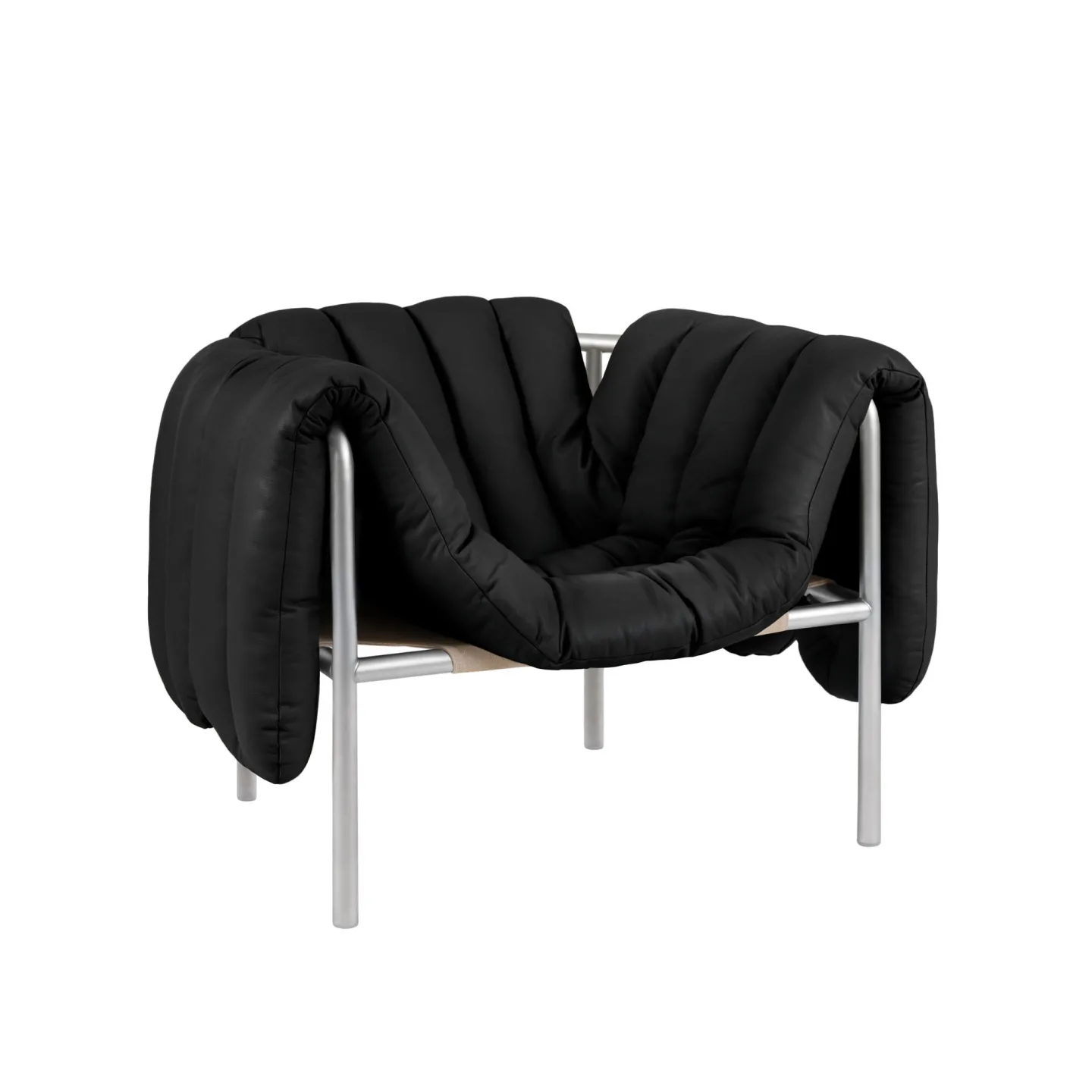 HEM - Puffy Lounge Chair - Black Leather/Stainless - Fåtöljer - Faye Toogood - Silver,Svart - Läder/Naturmaterial/Metall/Trä/Skum