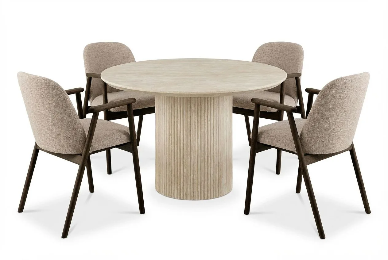 Uppveda Matbord Runt 120 cm Travertin med 4 Reciclar Matstolar - Travertin/Greige