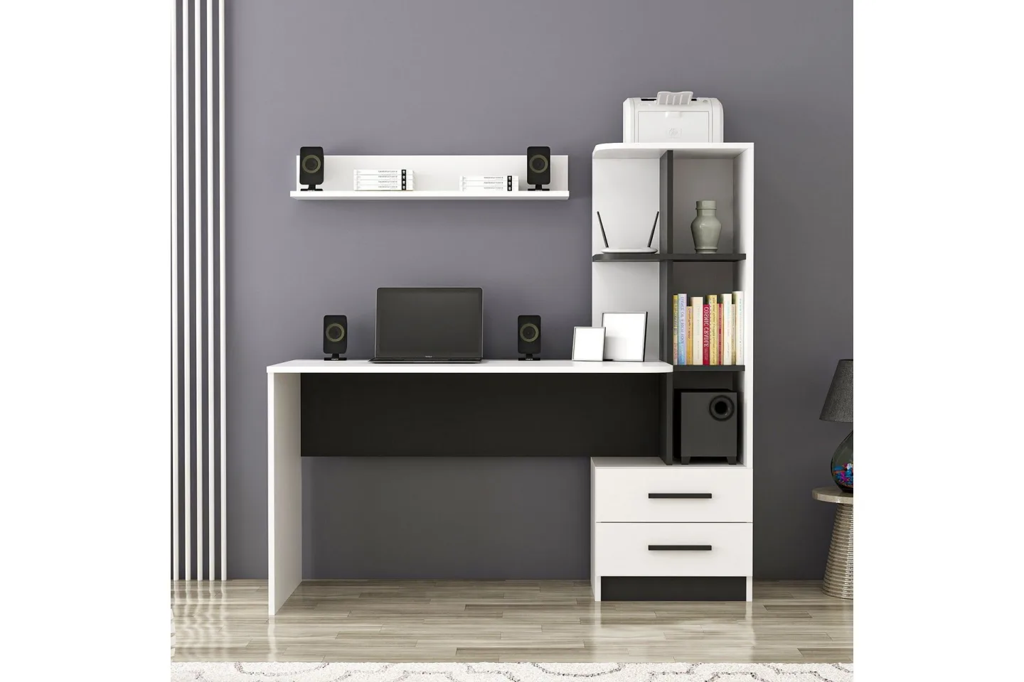 Puijas Skrivbord 120 cm med Förvaring Låda + Hyllor + Vägghy - Vit/Svart