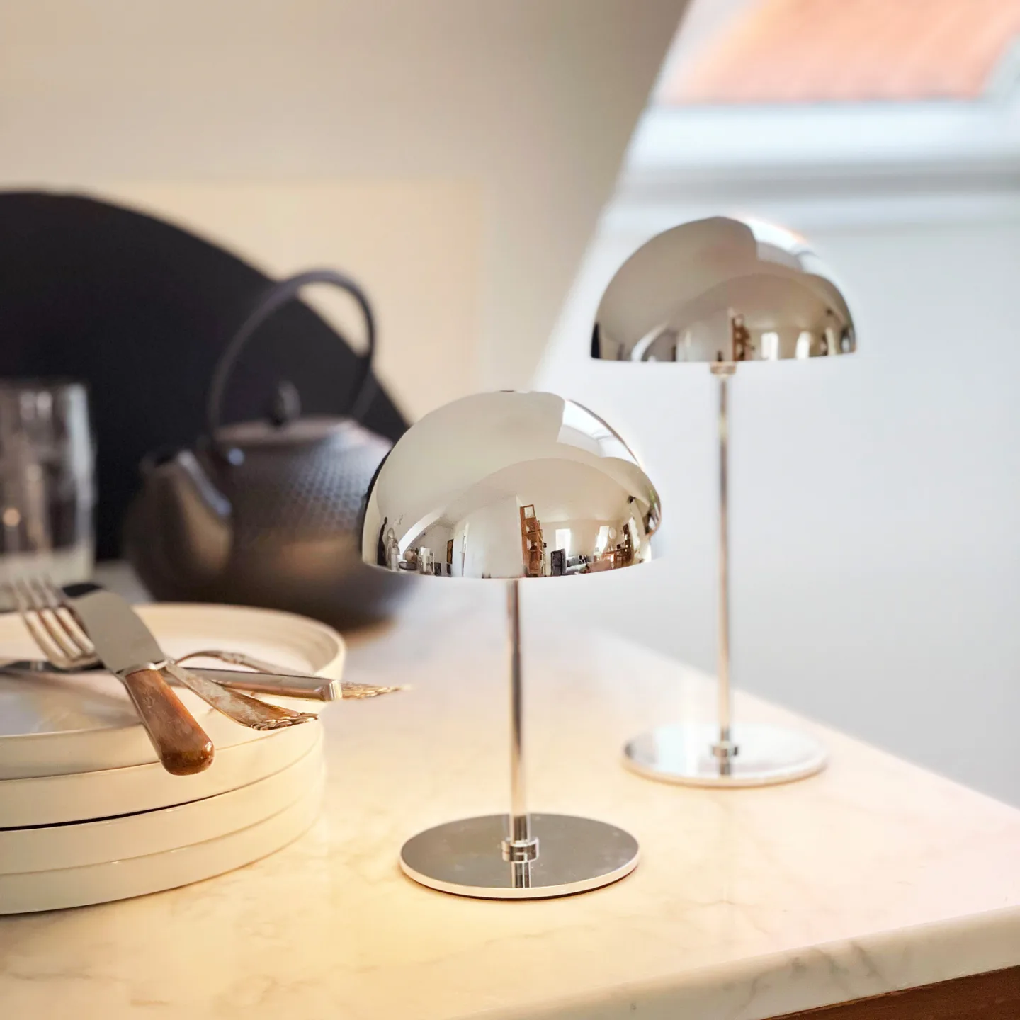 Along Portable Tischleuchte 2 pcs. Mini Chrom - DybergLarsen Dyberg Larsen - Wohnzimmer - Skandinavisch - Metall - Mit Schirm