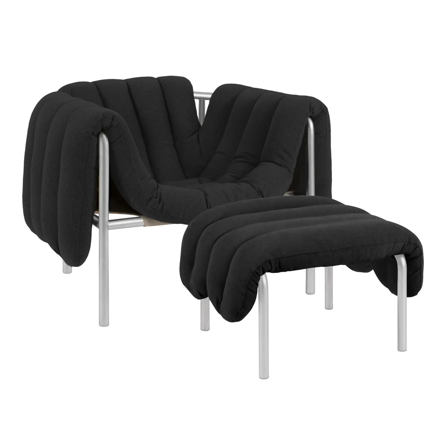 HEM - Puffy Lounge Chair + Ottoman - Anthracite/Stainless - Fåtöljer - Faye Toogood - Silver,Grå - Bomull/Naturmaterial/Metall/Skum/Plast