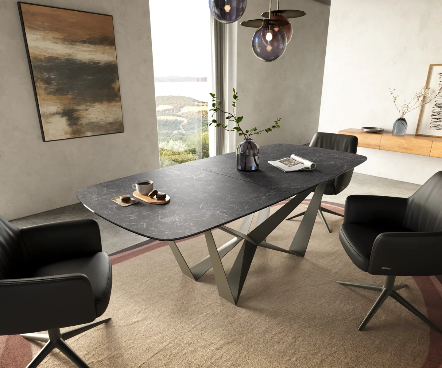 Esstisch Edge Boot 180-220x100 cm Keramik Laminam® Nero Greco Anthrazit Spider Metall Effektfinish Titan ausziehbar