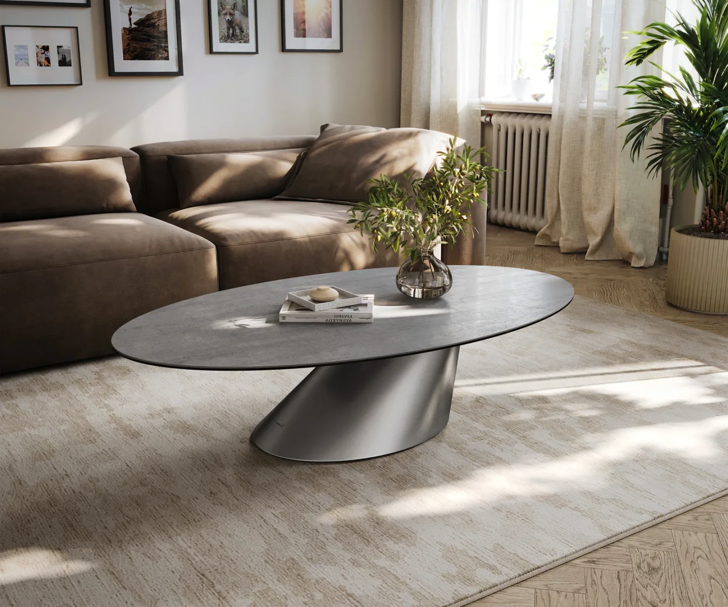 Couchtisch Edge Oval 140x80 cm Keramik Beton Grau Conis Edelstahl gebürstet