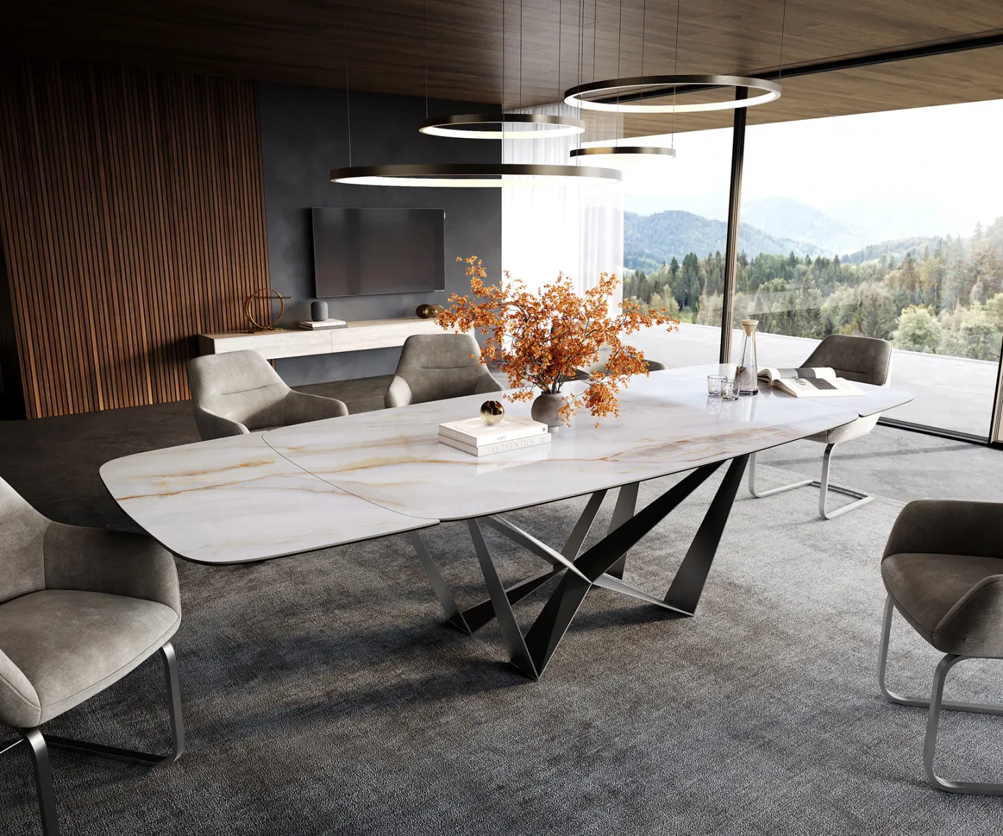 Esstisch Edge Boot 200-300x120 cm Keramik Onyx Pearl Spider Flachstahl Edelstahl Graphit ausziehbar