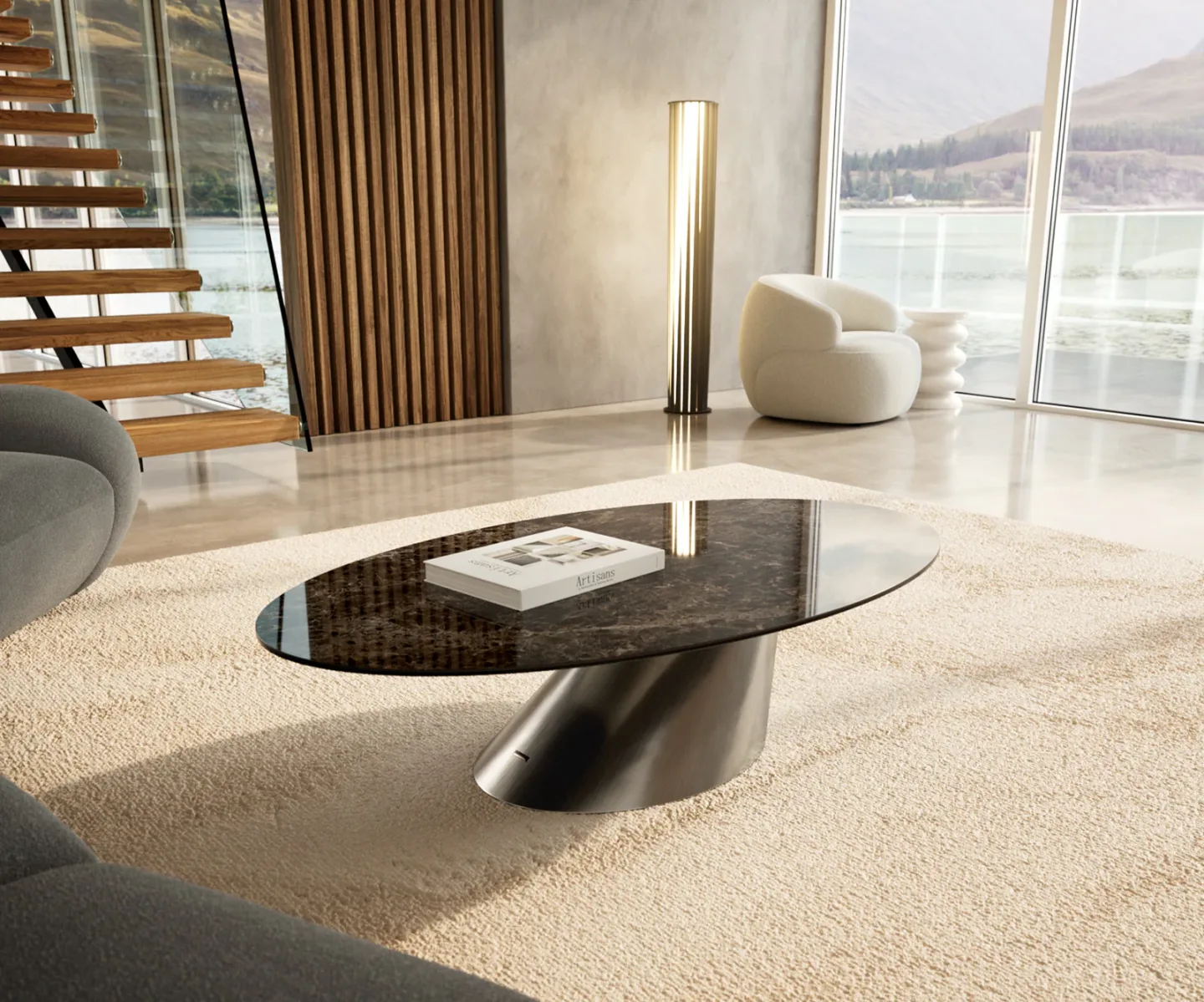 Couchtisch Edge Oval 140x80 cm Keramik Emperador Extra Lucidato Dunkelbraun Conis Edelstahl gebürstet