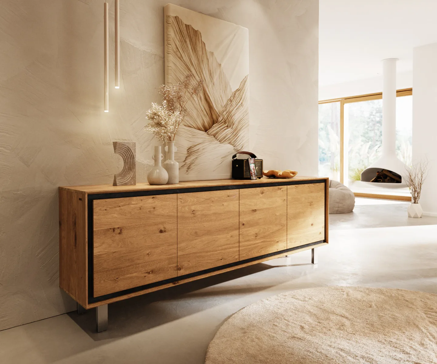 Sideboard Stonegrace 200 cm Eiche Natur 4 Türen Fuß Vierkant Edelstahl gebürstet