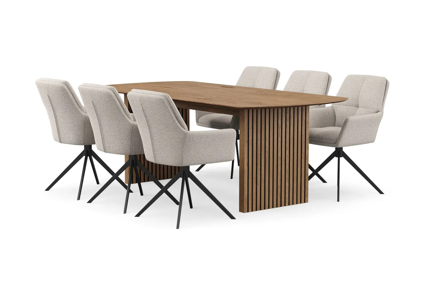 Richeto Matgrupp 210 cm med 6 Torsby Snurrstolar - Naturlig finish/Mörkbeige