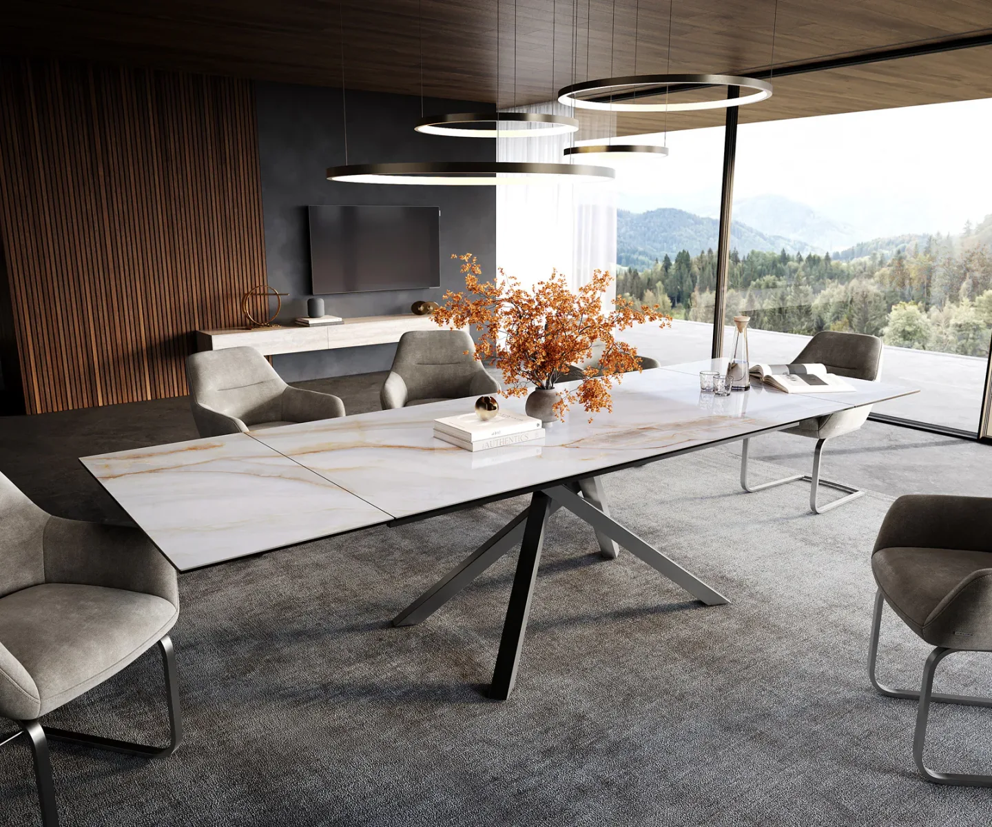 Esstisch Edge 200-300x100 cm Keramik Onyx Pearl Kreuzgestell Rechteck Edelstahl Graphit ausziehbar