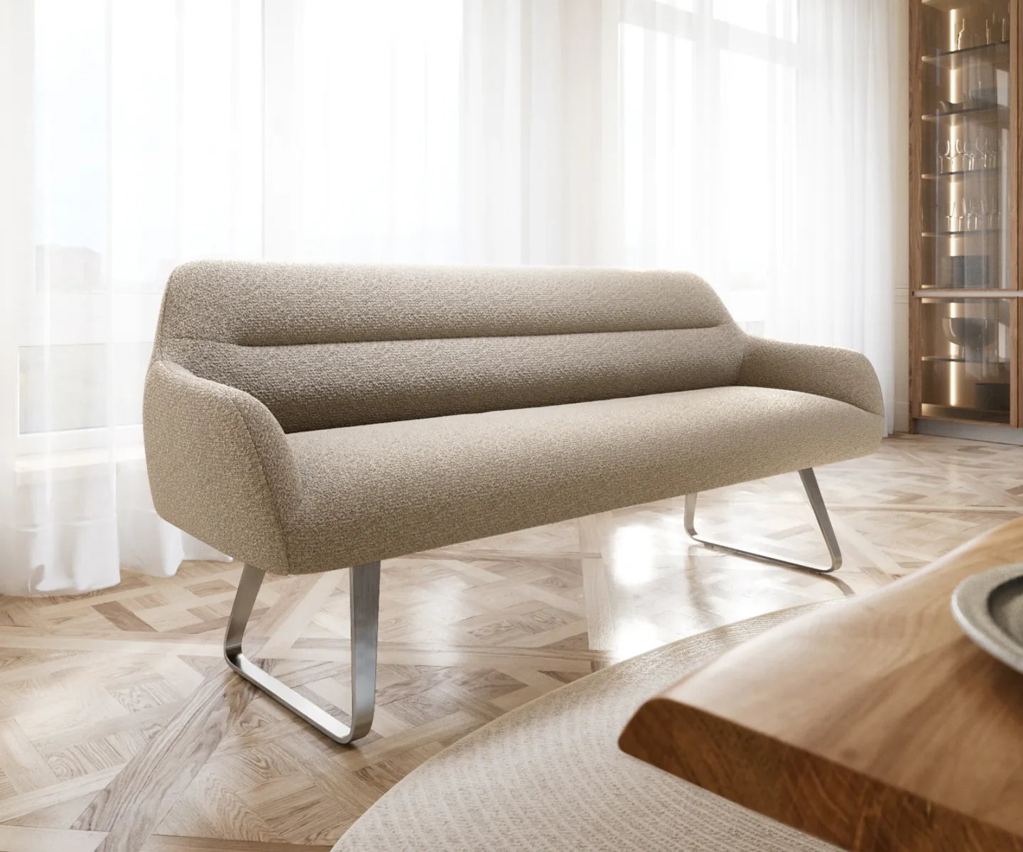 Esszimmerbank Taya-Flex 200 cm Bouclé Schlamm Kufengestell flach Edelstahl Taschenfederkern