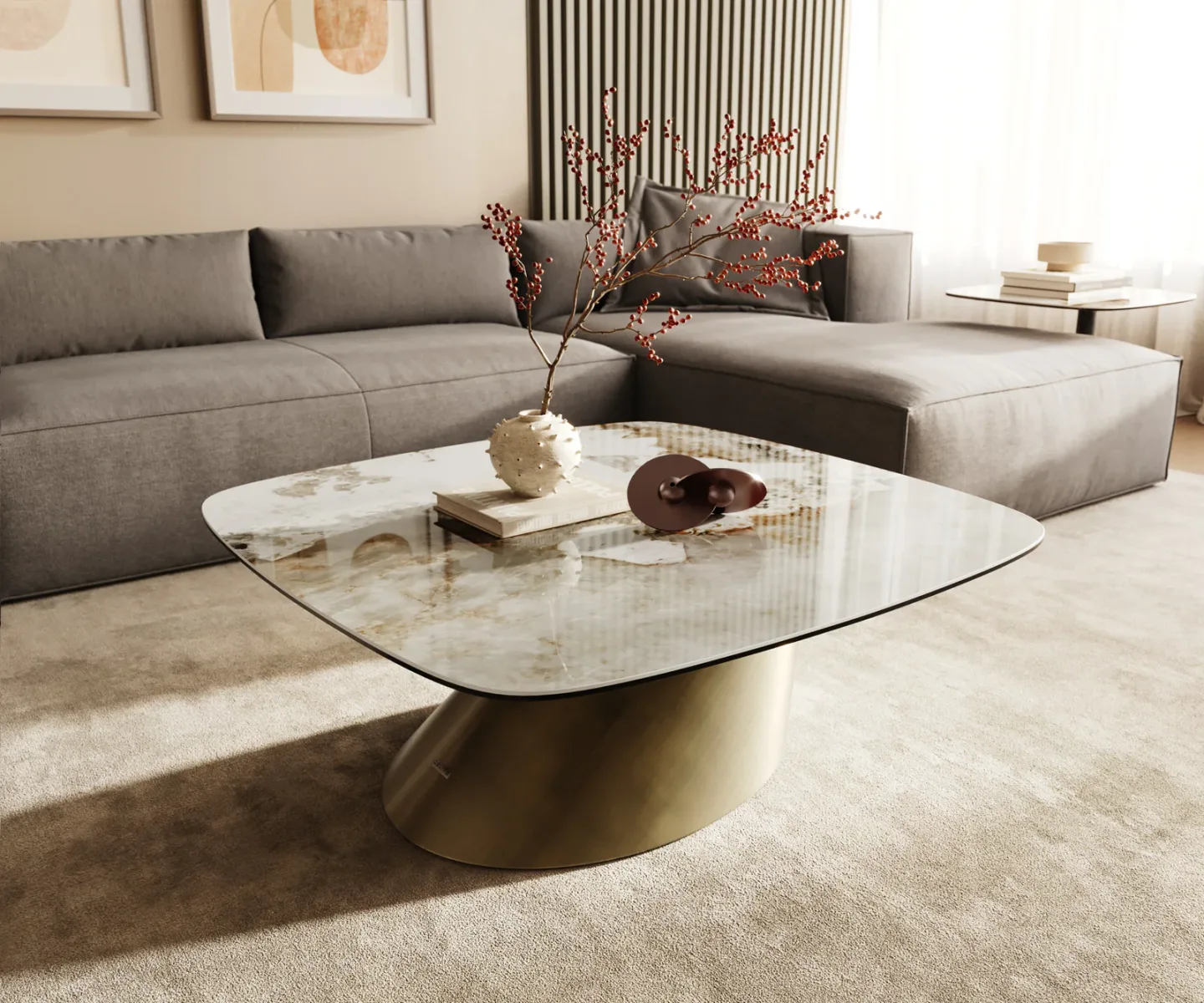 Couchtisch Edge Boot 90x90 cm Keramik Minas Melange Conis Metallic Gold