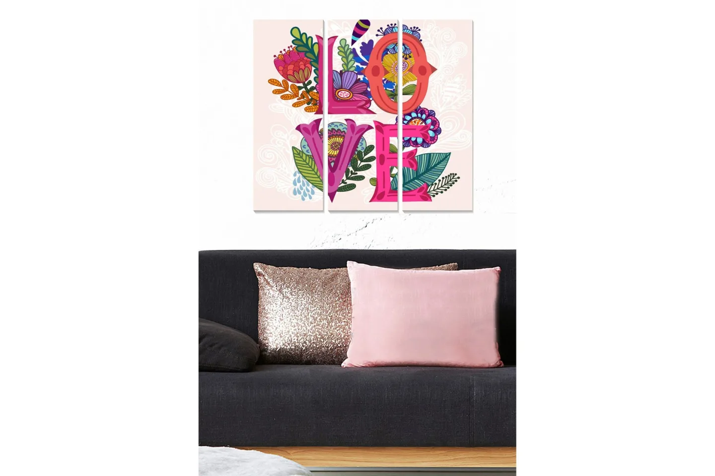 Canvastavla i trä 3-delar 50x70 cm - Färgglad komposition med ordet LOVE omgiven av blommor och blad - Rosa / Grön / Lila