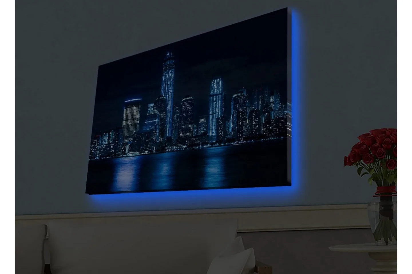 Canvastavla med LED-belysning - Nattlig stadsbild med upplysta skyskrapor - Mörkblå / Svart / Ljusblå