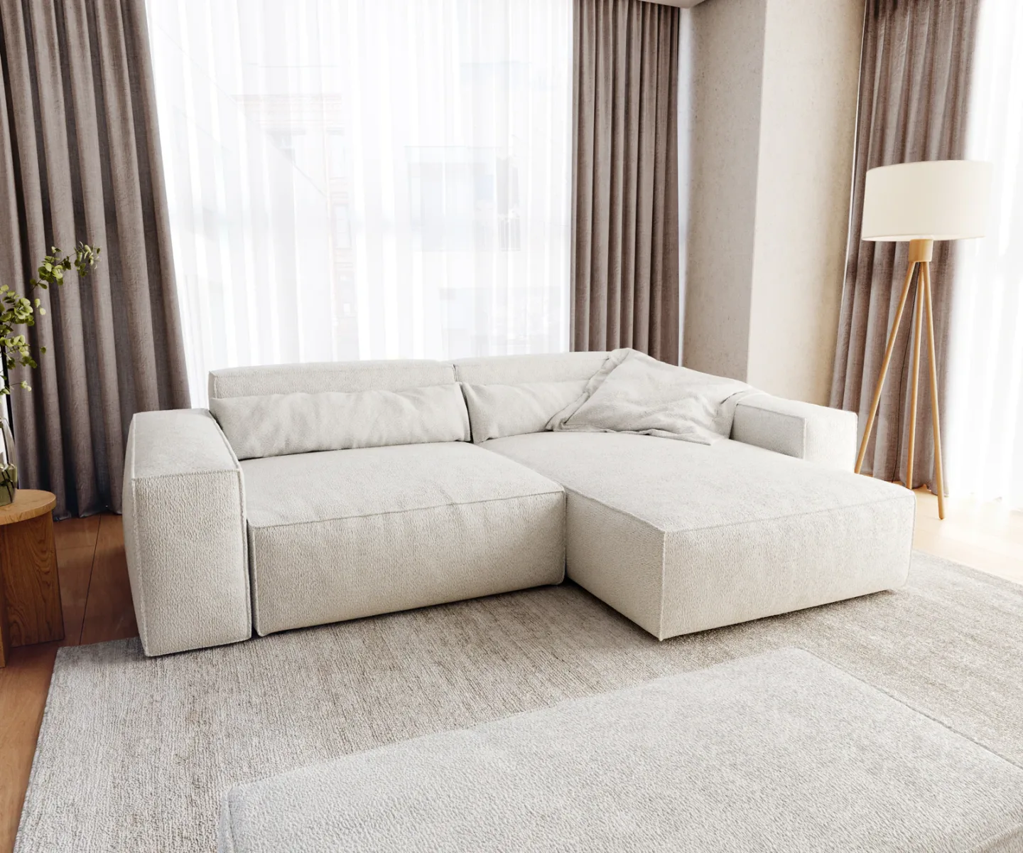 Ecksofa Sirpio XL 270x170 cm Bouclé Creme-Weiß Recamiere variabel mit Hocker