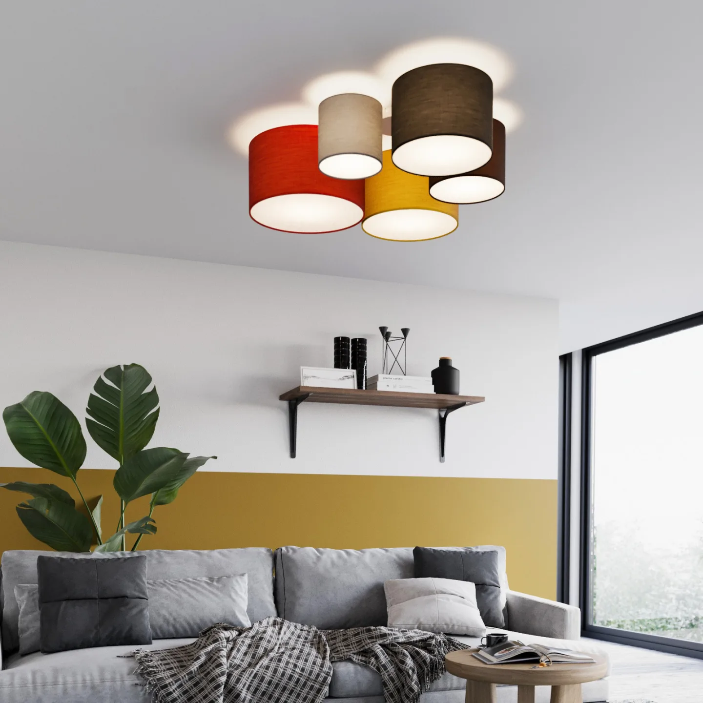 Laurenz 5 taklampa röd/gul – Lindby - Vardagsrum - Modern - Tyg / textil - Med flera ljuskällor