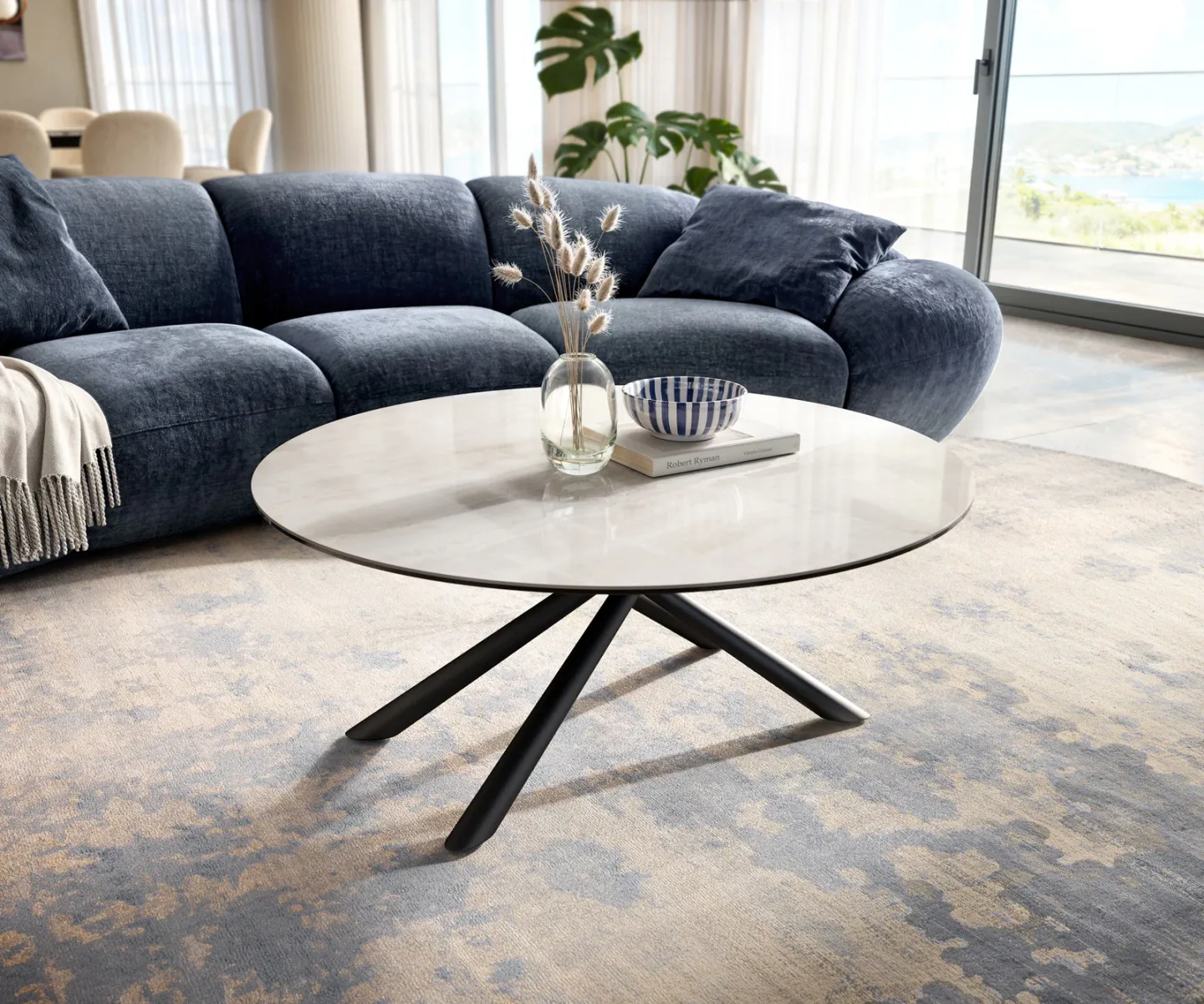 Couchtisch Edge Rund 100x100 cm Keramik Onyx Champagne Sarity Metall Schwarz