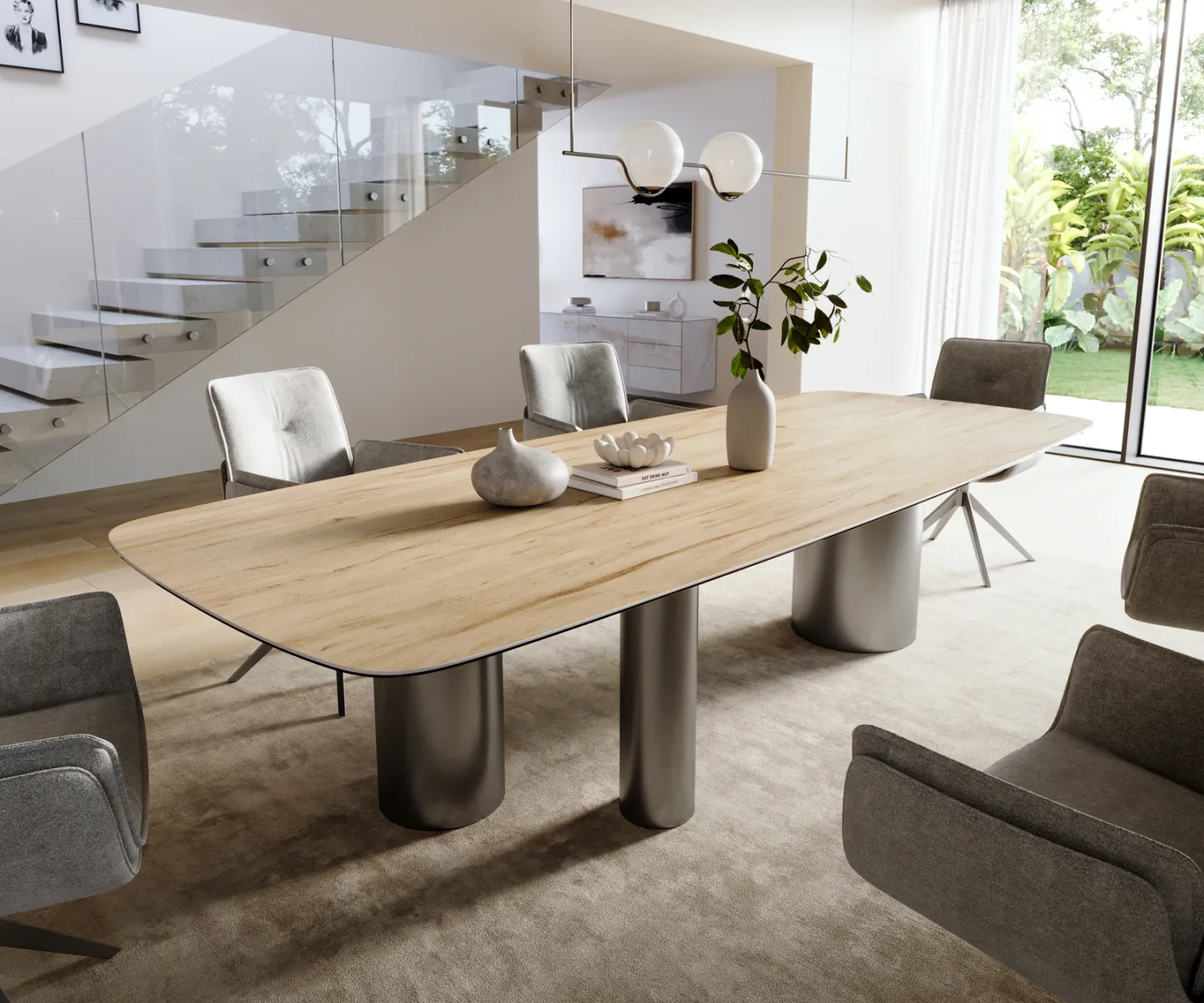 Esstisch Edge Boot 300x120 cm Keramik Laminam® Sabbia Eichefarbig Troa Edelstahl Graphit