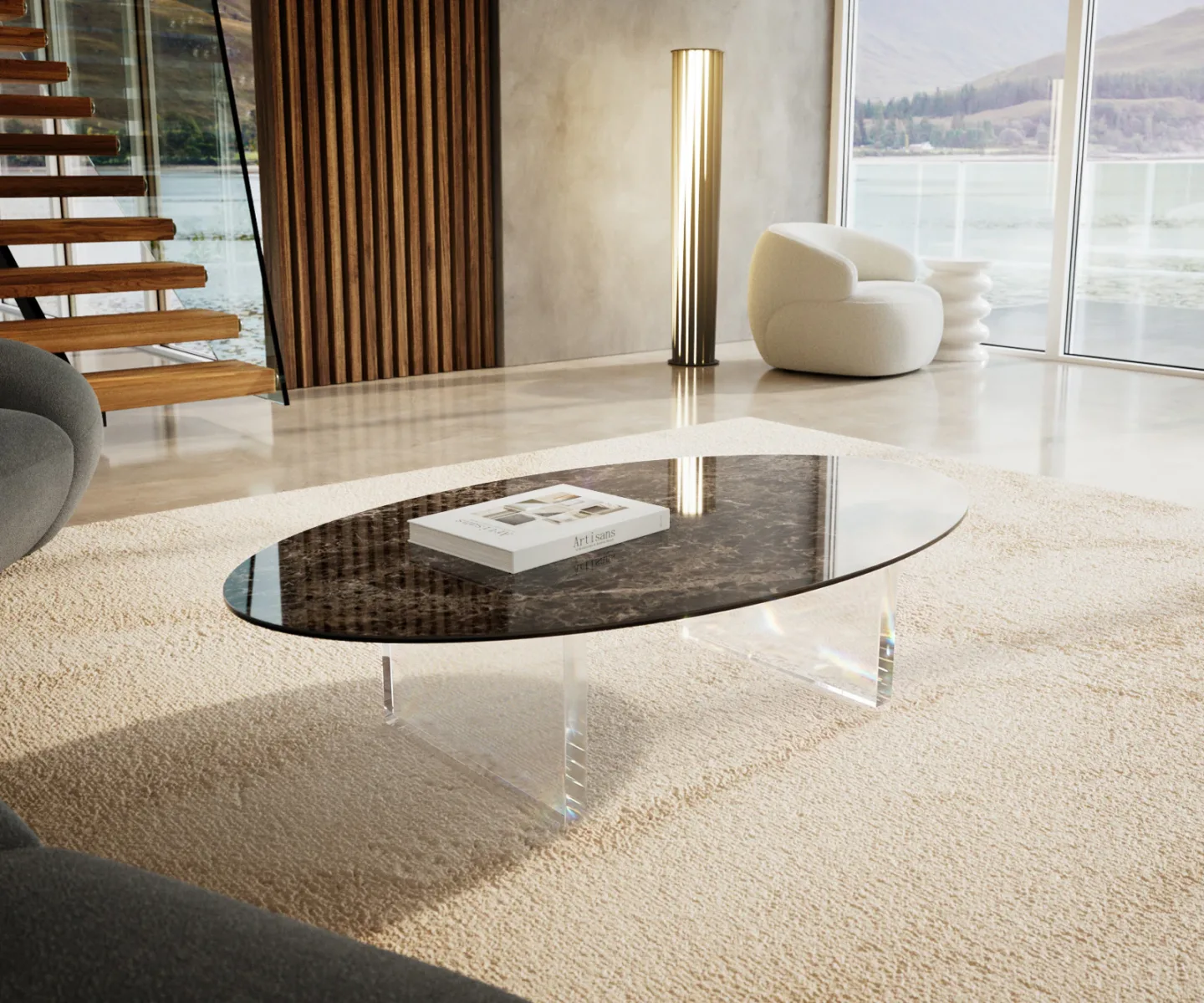Couchtisch Edge Oval 140x80 cm Keramik Emperador Extra Lucidato Dunkelbraun Lumia Acryl