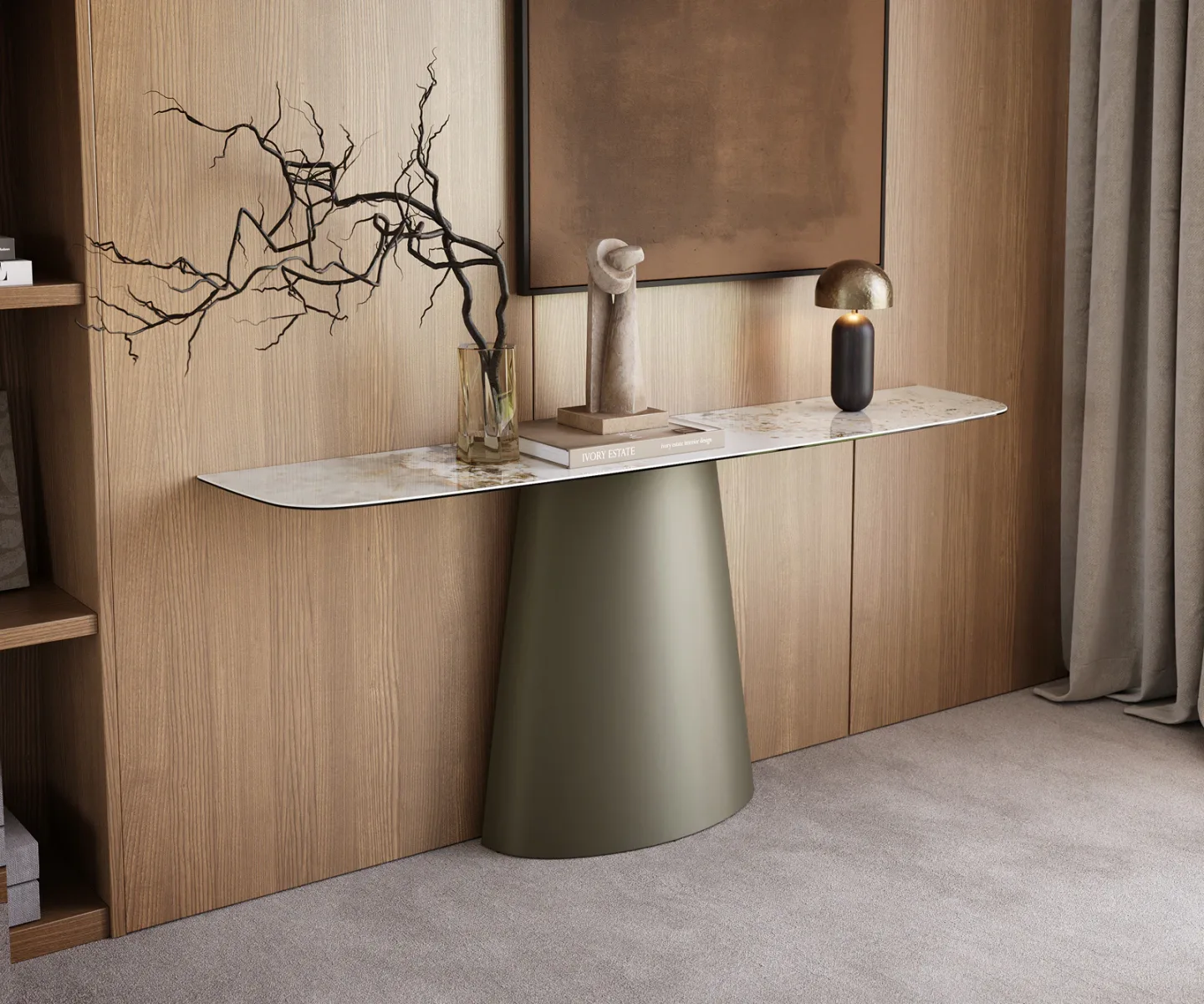 Konsolentisch Edge Boot 180x40 cm Keramik Minas Melange Weiß-Beige Conos Metall Effektfinish Titan