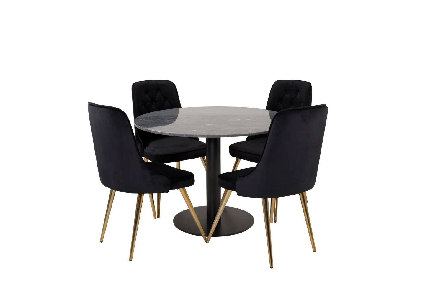 Estelle Matgrupp 106 cm Rund med 4 Velvet Deluxe stolar - Svart/Guld