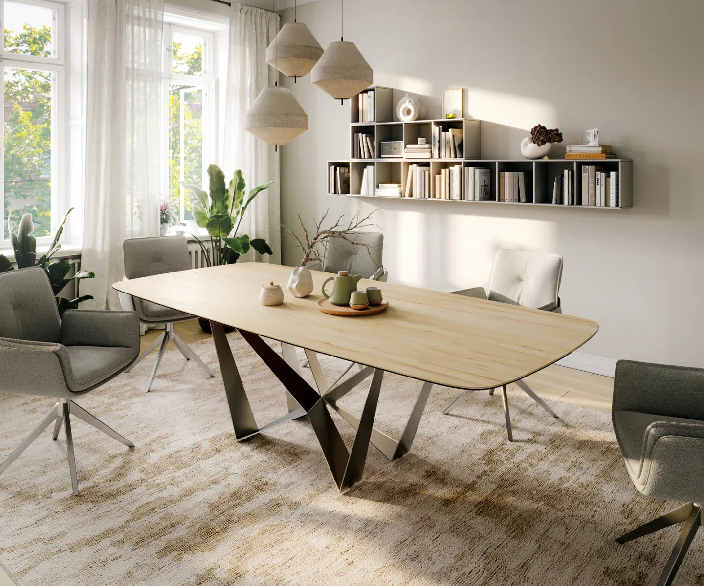 Esstisch Edge Boot 260x120 cm Keramik Laminam® Sabbia Eichefarbig Spider Flachstahl Edelstahl