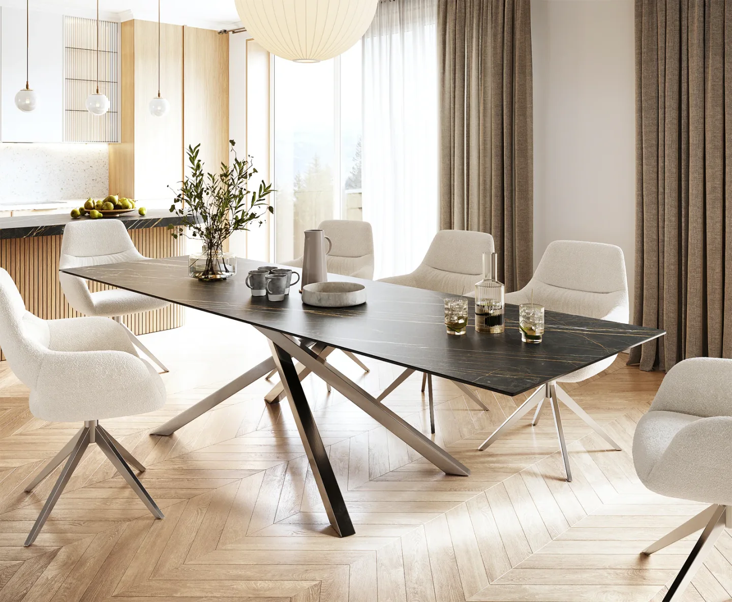 Esstisch Edge 300x100cm Keramik Laminam®Noir Desir Braun Kreuzgestell Rechteck Edelstahl