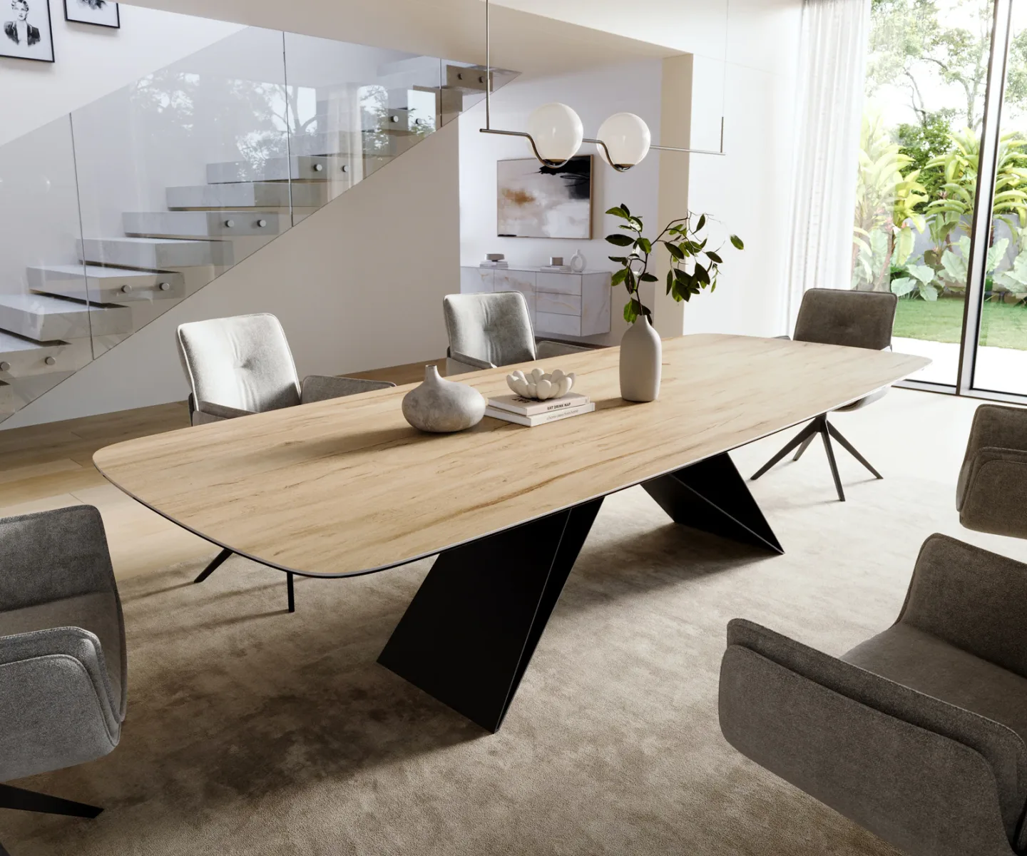 Esstisch Edge Boot 300x120 cm Keramik Laminam® Sabbia Eichefarbig V-Gestell Flachstahl Schwarz