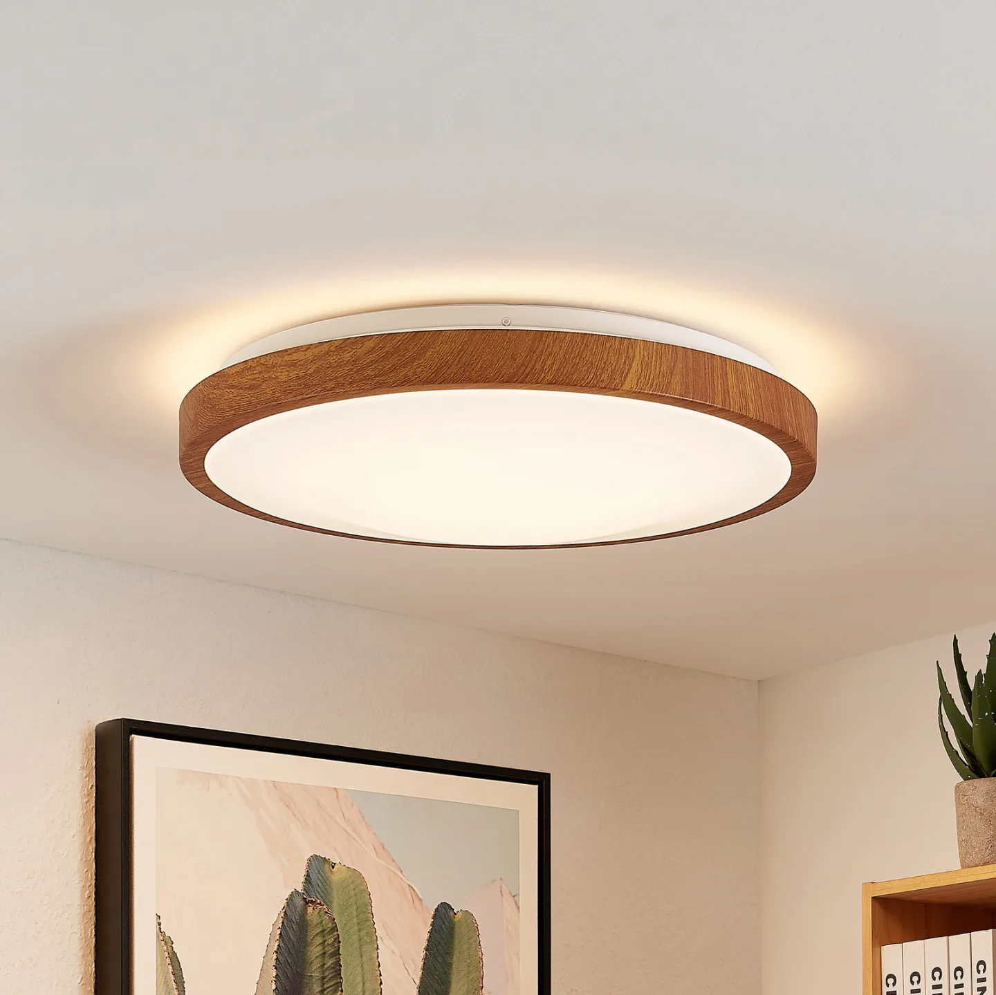 Mynte Round LED Deckenleuchte Ø42cm Wood/White - Lindby - Wohnzimmer - Modern - Kunststoff - Rund