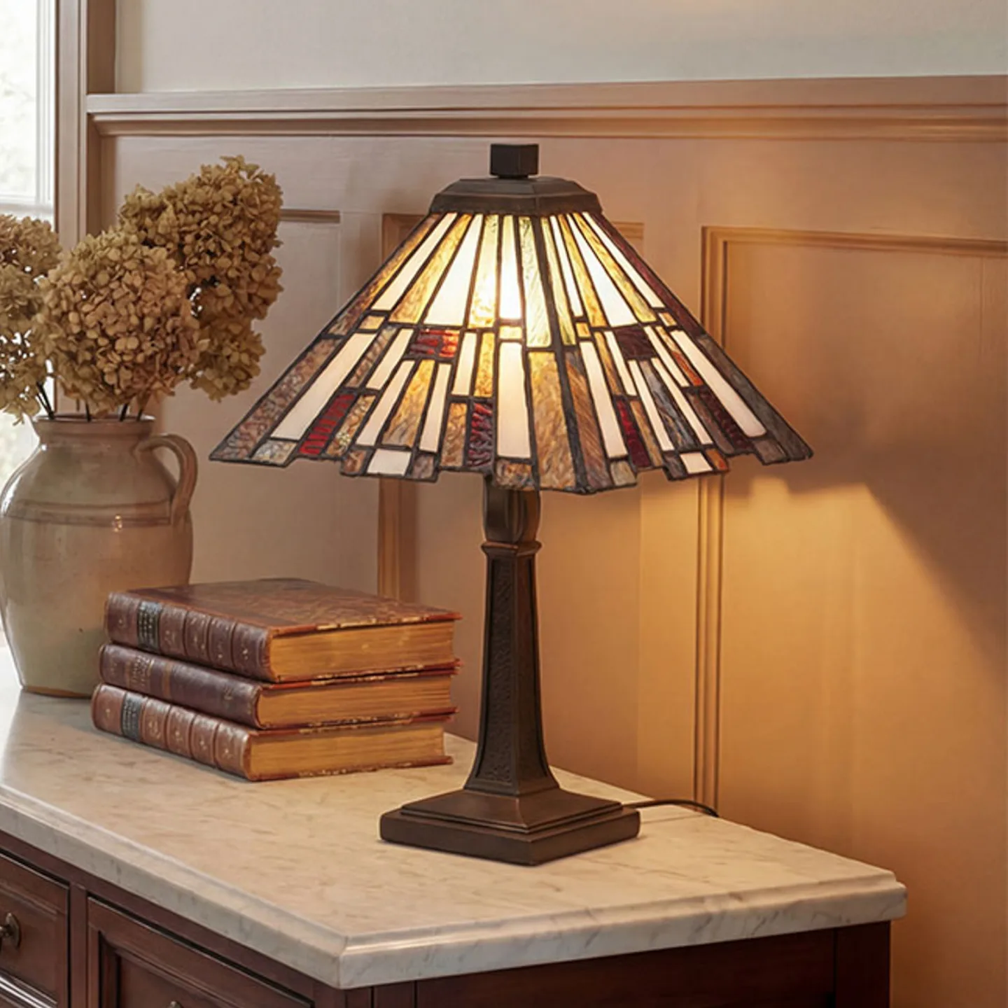 Inglenook Tischlampe bronze/bunt 37 cm Metall/Glas - QUOIZEL - Wohnzimmer - Tiffany - Einflammig
