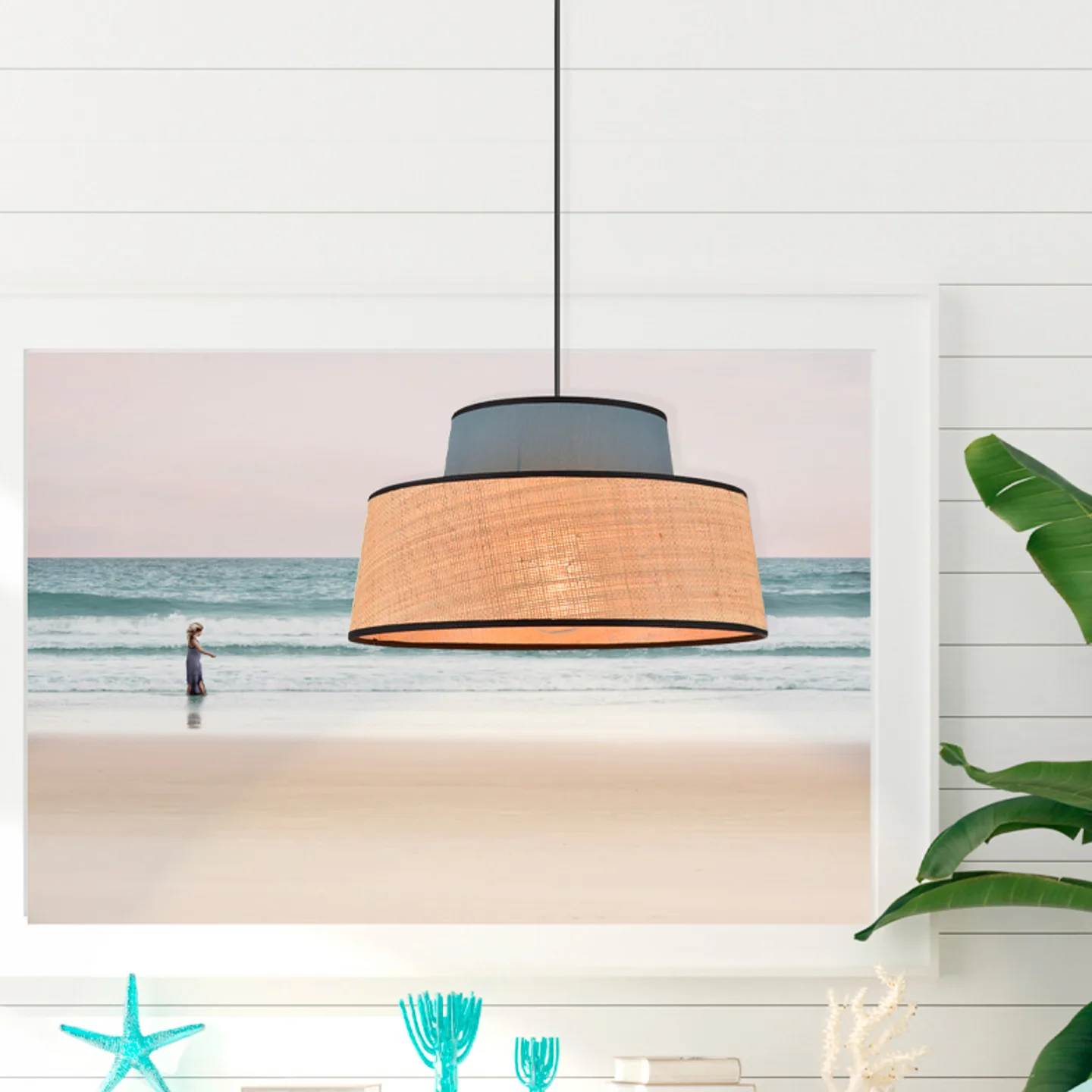 Mallorca Hängeleuchte petrol/naturfarben, Ø 38 cm - Corep SAS - Wohnzimmer - Stoff / Textil - Mit Schirm