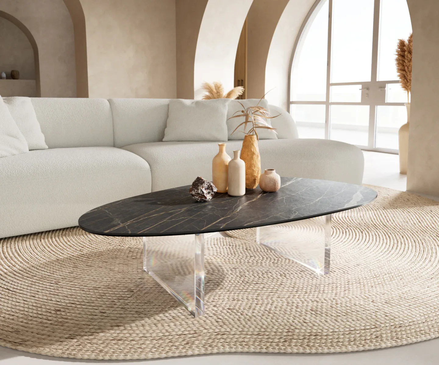 Couchtisch Edge Oval 140x75 cm Keramik Laminam® Noir Desir Braun Lumia Acryl