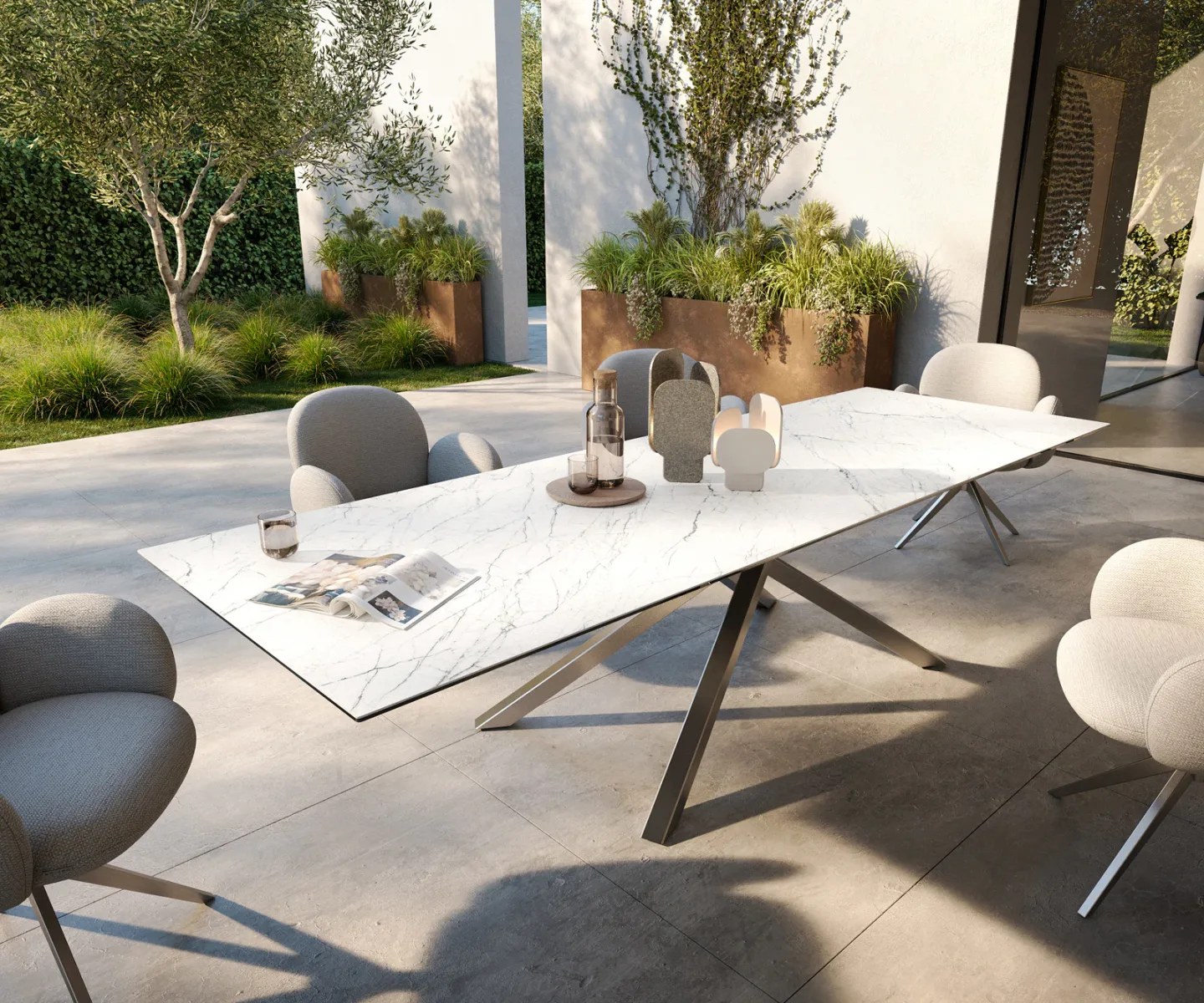 Outdoortisch Edge 300x100 cm Keramik Laminam® Statuarietto Weiß Kreuzgestell Rechteck Edelstahl