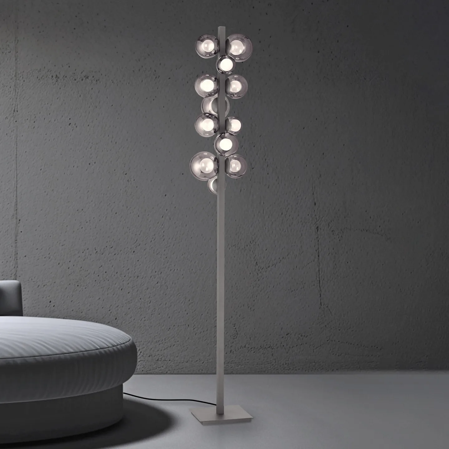 Popup LED-Stehlampe, grau Alu/Glas Dimmer 12-flg. - PURE - Wohnzimmer - Modern - Aluminium - Mit Schirm