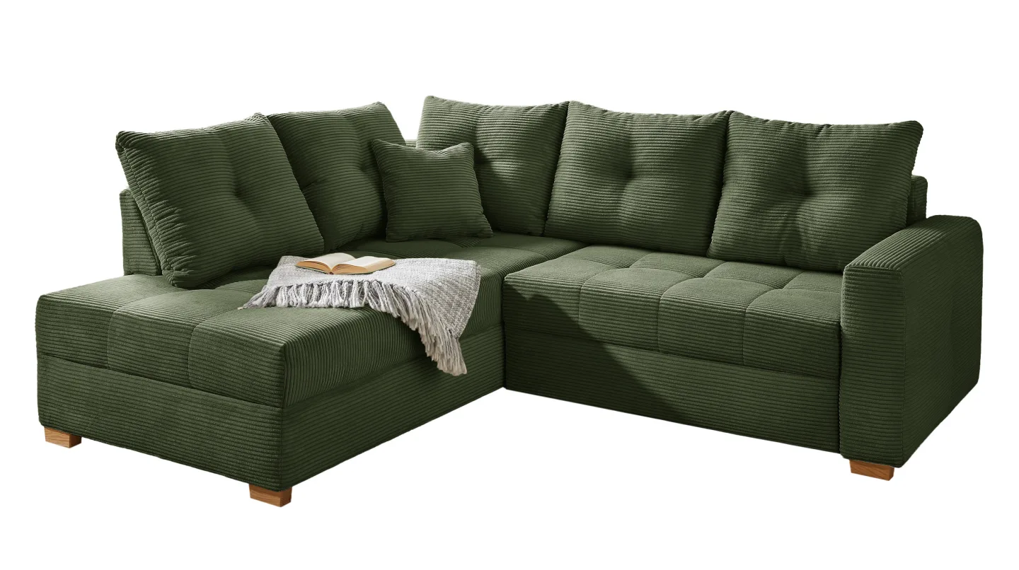 Ecksofa Cord grün 228 cm - Schlaffunktion Bettkasten - HEIDELBERG