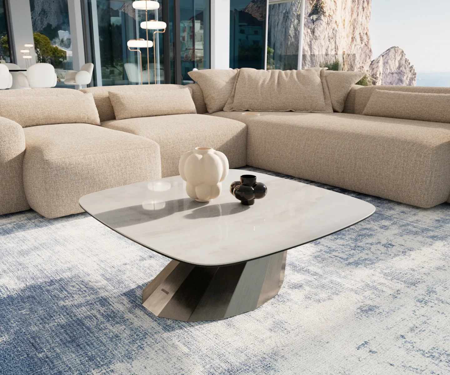 Couchtisch Edge Boot 90x90 cm Keramik Onyx Champagne Parabi Edelstahl gebürstet